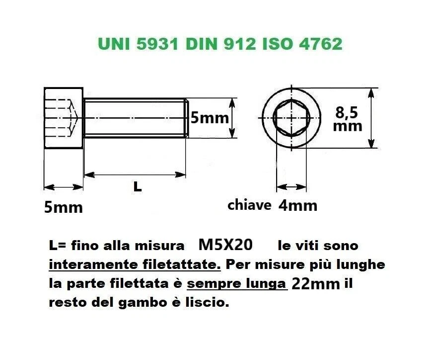 VITI M5 IN ACCIAIO INOX TESTA A BRUGOLA TONDA CAVA ESAGONALE TCEI UNI 5931 - 912 - Immagine 2 di 4