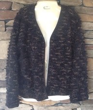 Chico's Sz 1 Black Tan Open Front Jacket Blazer Textured Cut String Small 8 / 10