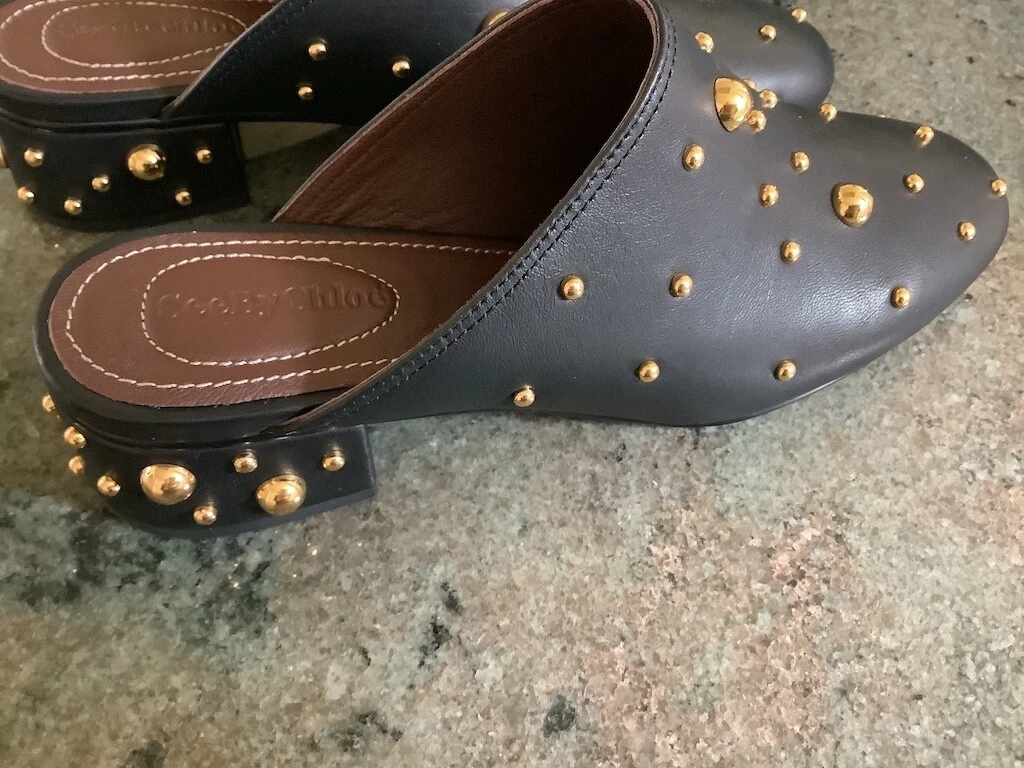 New See By Chloe Studded Black Calfskin Leather Mules Slide Block Heel 37.5 7.5