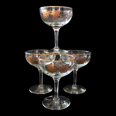 4 Libbey Cordial Coupe Glasses Golden Foliage Champagne Autumn Leaves Mad Men
