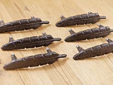 6 Drawer Pulls W/ Screws Handles Knobs Rustic Feather Cast Iron Kitchen Cabinet