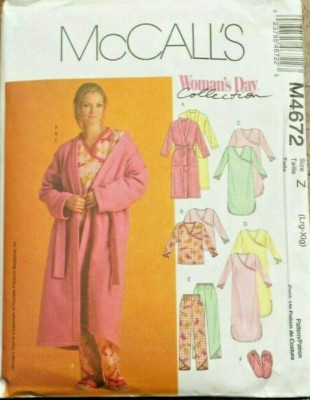 McCall's 4672 Misses Robe Gown Slippers Pajamas Sewing Pattern L-XL 16-18-20-22