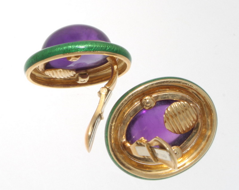 VERY RARE VINTAGE DAVID WEBB 18K YELLOW GOLD GREEN ENAMEL & AMETHYST EARRINGS image 3