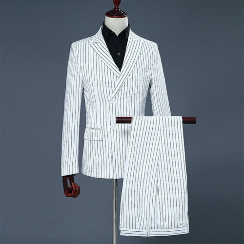 Men Striped Suit 2 Piece Double Breasted Wedding Formal Prom Dress Slim Fit Sets - Photo 1 sur 17