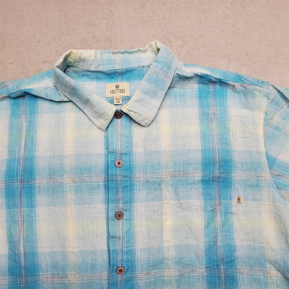 Solitude Shirt Men XXL Blue Plaid Linen Blend Short Sleeve Summer Comfort Casual - Image 2 of 4