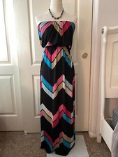 Trinni Multicolor Black Chevron Strapless Maxi Beach Summer Tropical Dress