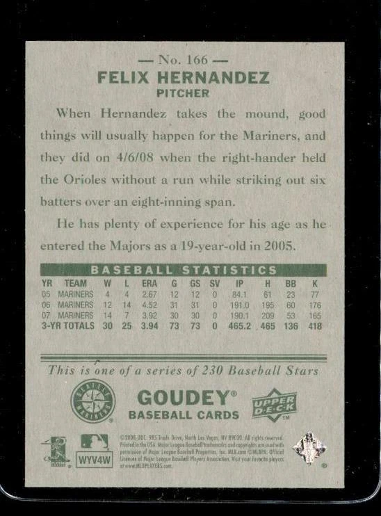 Tarjeta de béisbol 2008 Upper Deck Goudey #166 Felix Hernandez Seattle Mariners Foto 2 de 2