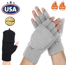 Winter Knitted Convertible Mittens Flap Fingerless Gloves Thermal Wool Men Women
