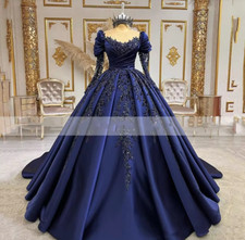 Navy Blue Wedding Dresses Long Sleeves Applique Beading Arabic Dubai Bridal