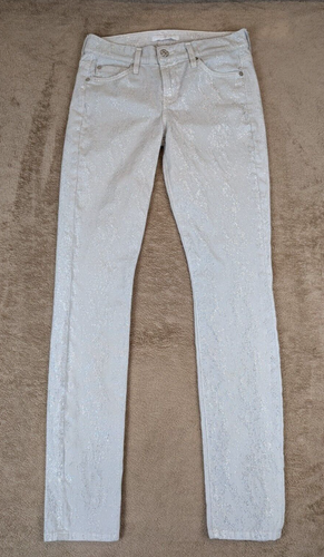7 For All Mankind Damen Gr. 25 Metallic Silber Glitzer Slim Tapered Jeans 28W 30L