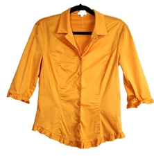 ESCADA Womens 36 Top Orange Button Front Ruffles Cotton Designer 3/4 Sleeve