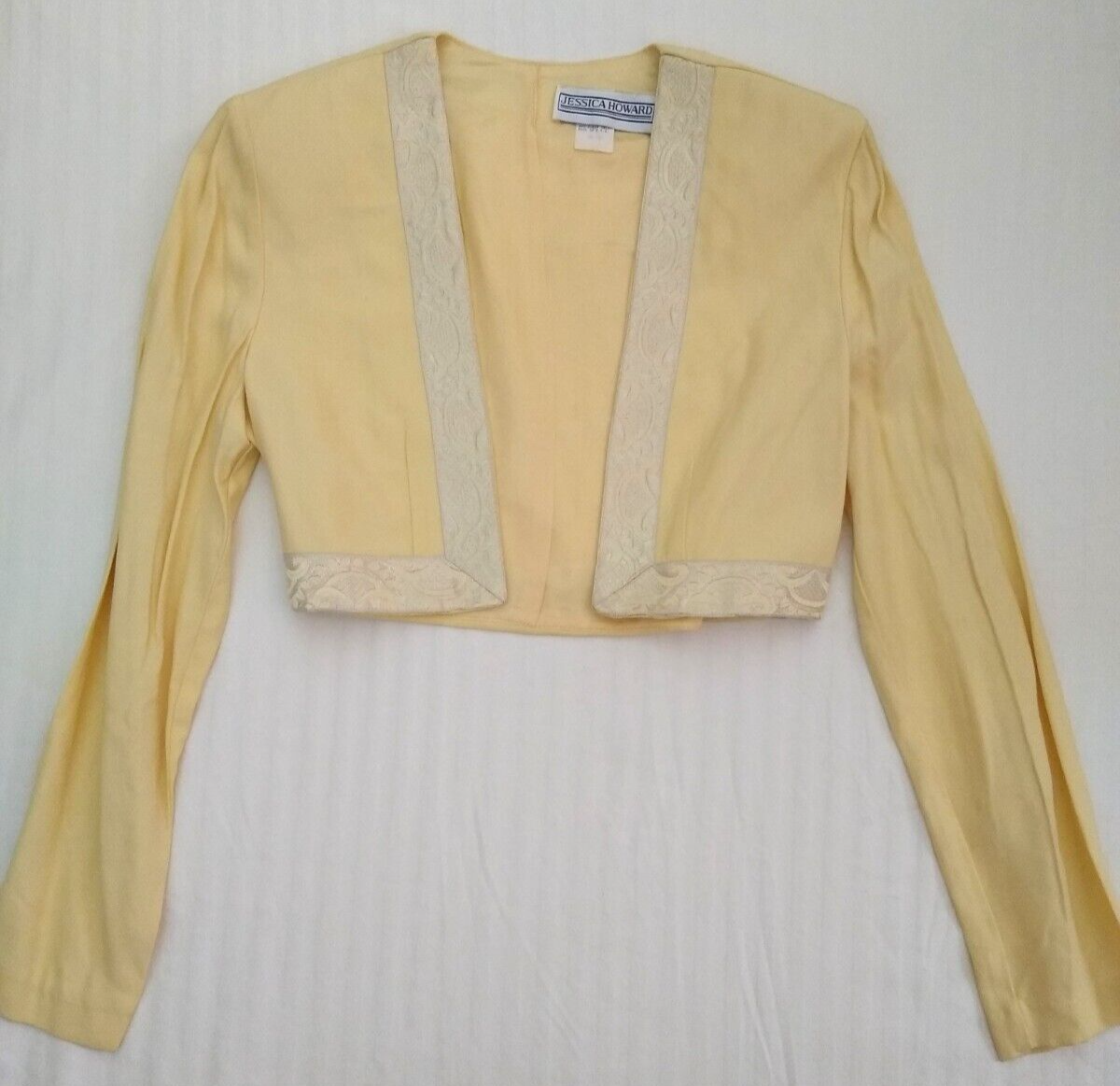 Cropped Blazer Vintage 80s 90s Light Yellow Jacket Tapestry Ribbon Edge S