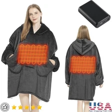 Heated Sherpa Hoodie Blanket Rechargeable Battery Soft Wearable Warmth New
