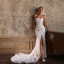 Pleat BoatNeck Lace Beading Mermaid WeddingDress Split Off The Shoulder Backless