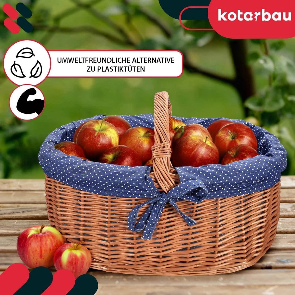 ® Cestino in Vimini Naturale Con Manico, Grande, Con Inserto in Tessuto, Colore - Immagine 4 di 4