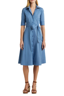 Lauren Ralph Lauren Womens Belted Fit & Flare Midi Shirt Dress Pale Azure  Sz 16 | eBay