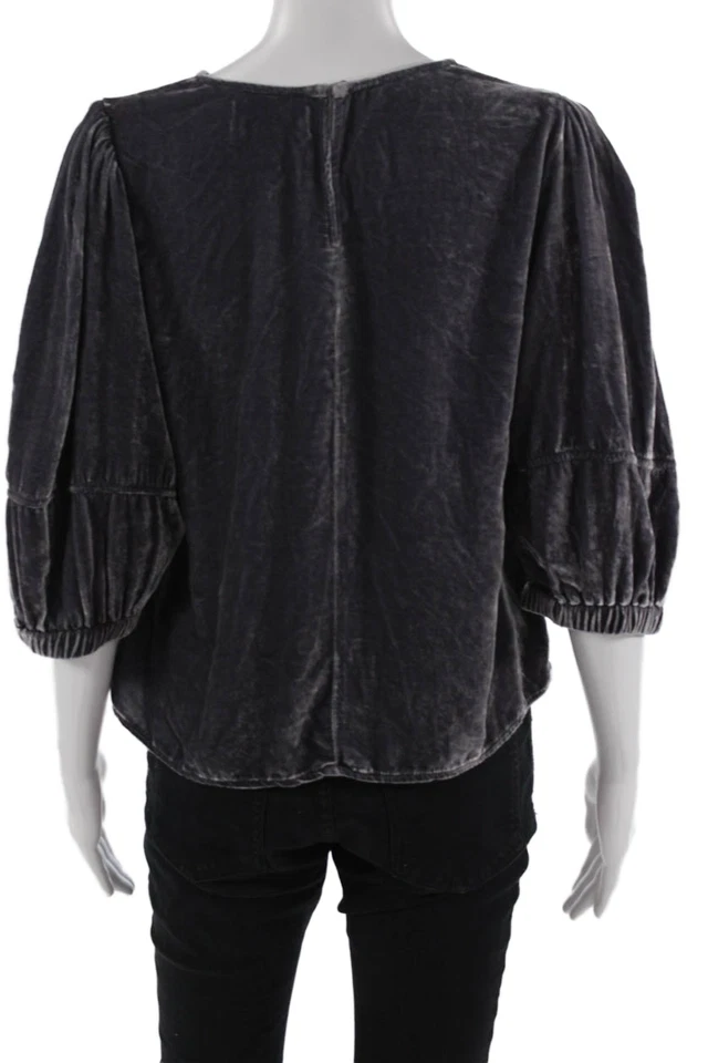 Blusa feminina de veludo boêmia manga 3/4 gola redonda com zíper cinza escuro tamanho P - Imagem 3 de 4