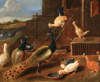 17th CENTURY DUTCH OLD MASTER OIL ON PANEL PEACOCK AND BIRDS IN FARMYARD