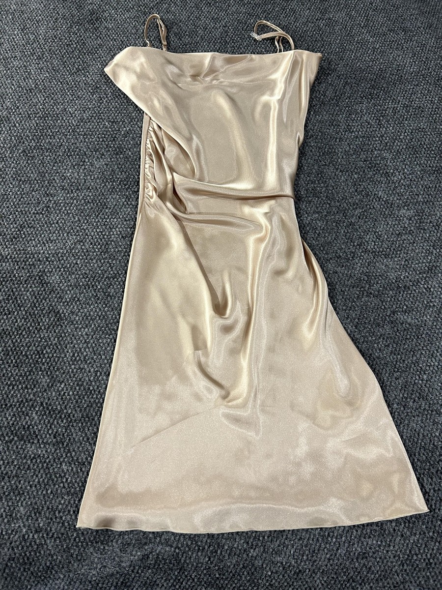 Bebe Dress Womens Large Champagne Satin Cowl Neck Ruched Slip Midi Evening  | eBay