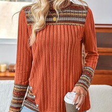Women's Elegant Geometric Pattern Pullover - Lightweight Long Sleeve Button Blou