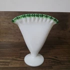Vintage Fenton Emerald Green Crested White Milk Glass Fan Vase.