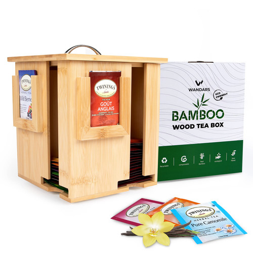 Bamboo Tea Bag Organizer Storage Box - Rotating Wooden Tea Organizer for Tea
