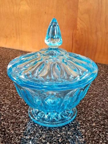 Vintage Anchor Hocking "Fairfield" Pattern Light Blue Lidded Candy Dish