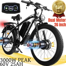 New Dual Motor 26" Electric Bike 3000W Peak E-Bike Bicycle MTB 60V 25AH 7-SPEED