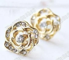 COMFY U CLIP ON gold ROSE CRYSTAL studs STUD EARRINGS