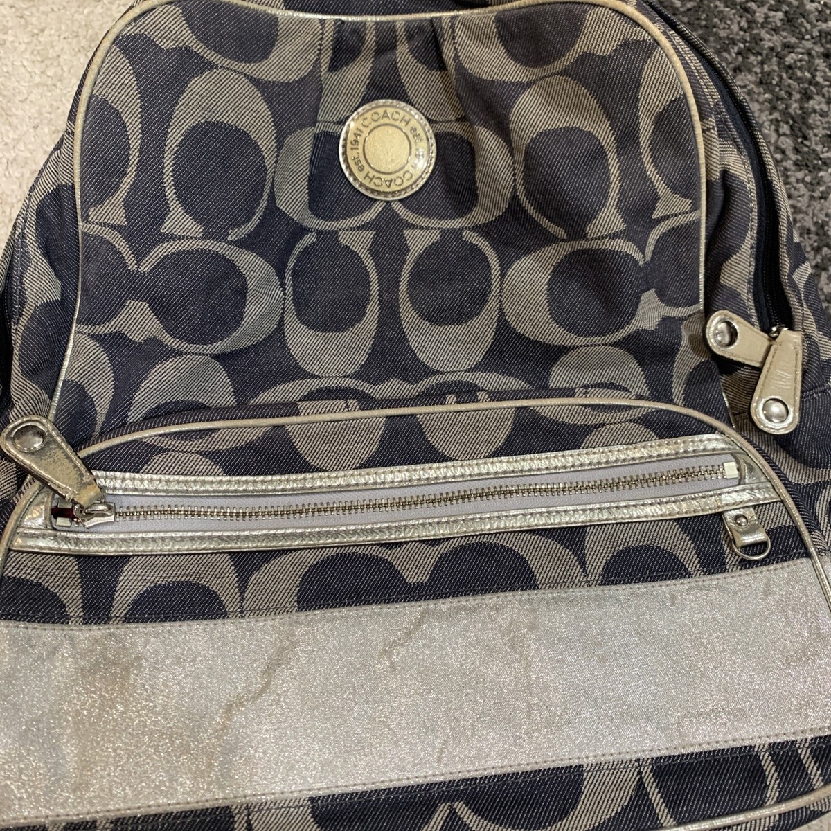 Coach Signature Denim & Silver Stripe Poppy Backpack F19691 
