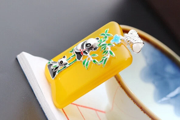 D10 Rimorchio Panda Orsetti Su Gialla Calcedonio 925 Argento Sterling - Immagine 3 di 4