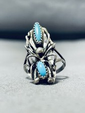 UNIQUE VINTAGE NAVAJO 2 BLUE GEM TURQUOISE STERLING SILVER SPIDER RING