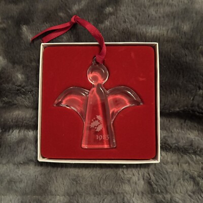 Orrefors Sweden 1985 Angel with Holly Crystal Glass Ornament With Original Box