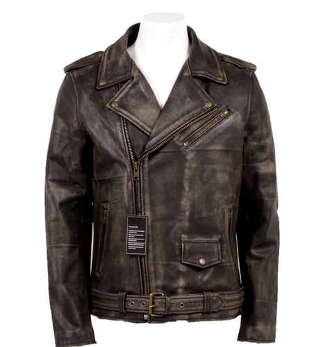 Men's Motorcycle Biker Genuine Buffalo Skin Leather jacket Brando Style Black image 9