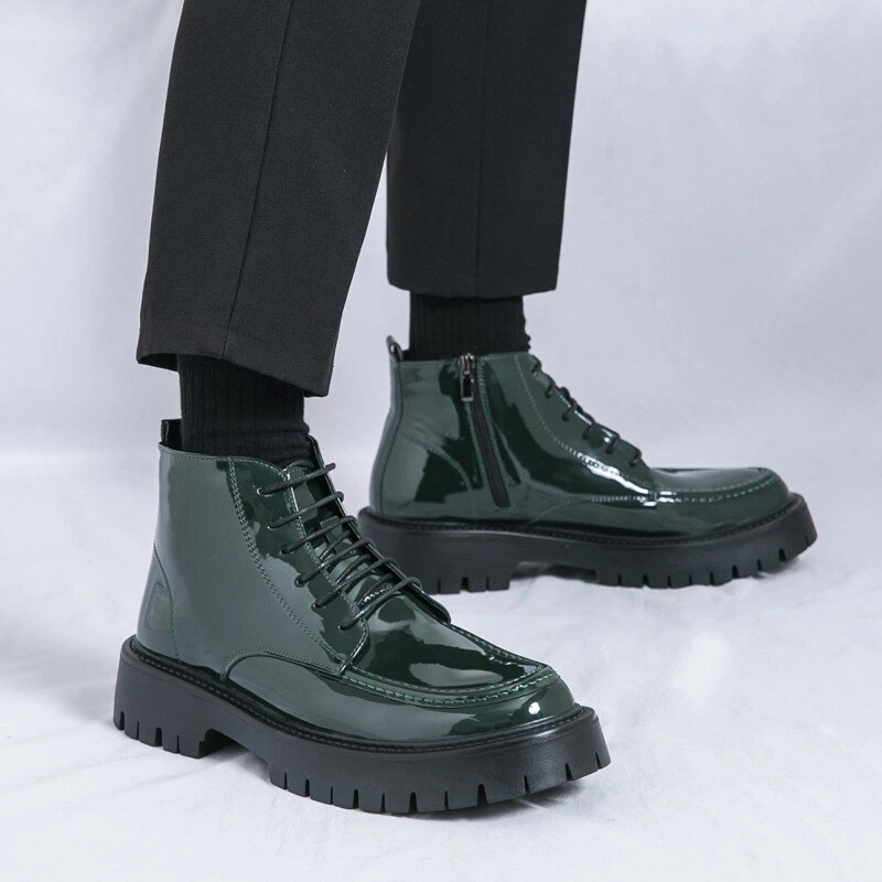 Mens Patent Leather Round Toe Pleatform Heels Lace Up Ankle Riding Boots Shoes - Image 2 of 4