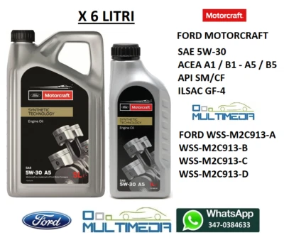 6 LITRI LT OLIO MOTORE ORIGINALE FORD MOTORCRAFT 5W30 LT.5 TANICA ACEA A1 A5 B5