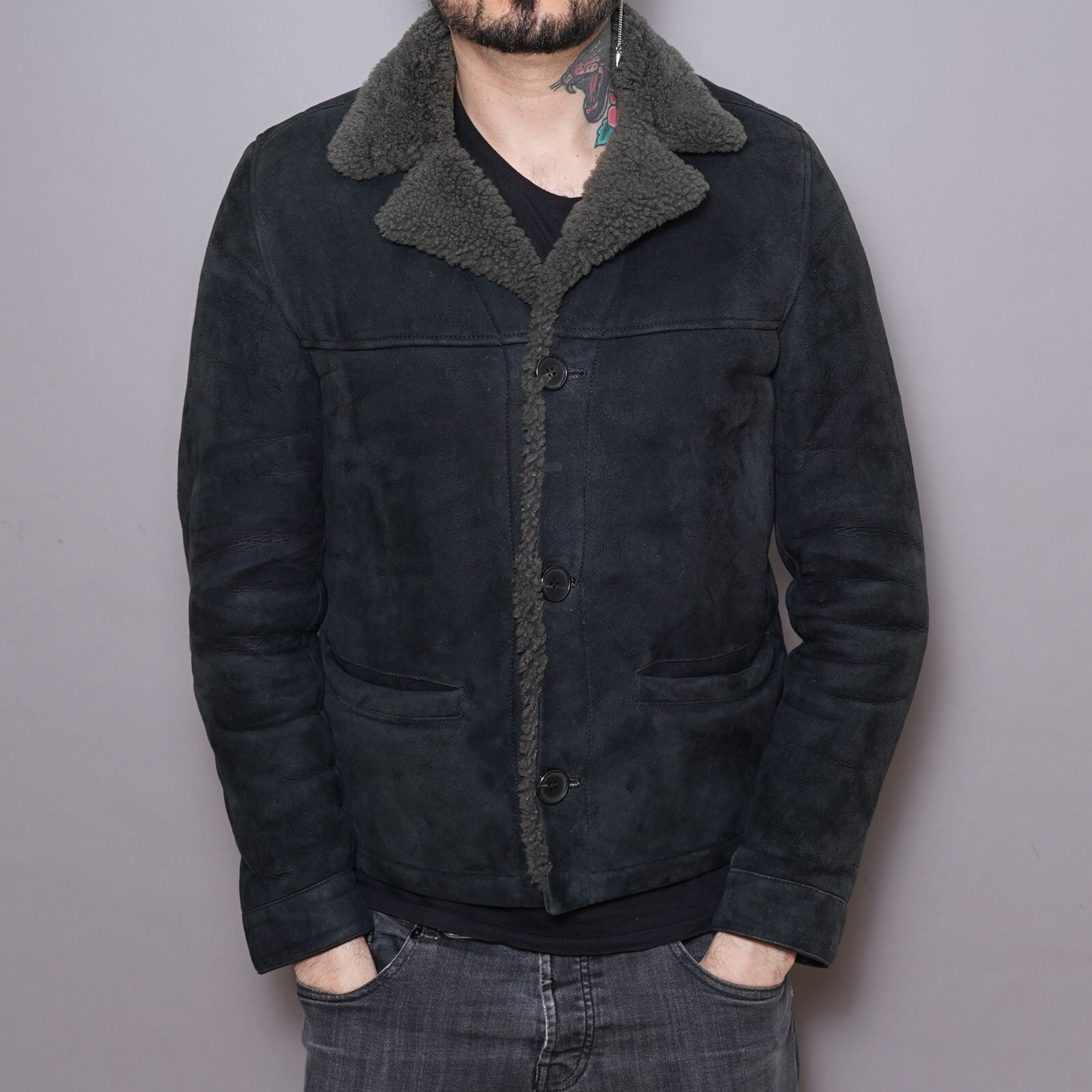 ALL SAINTS Shearling Leather Jacket EXTRA SMALL Mens Black XS Sheepskin GARRICK