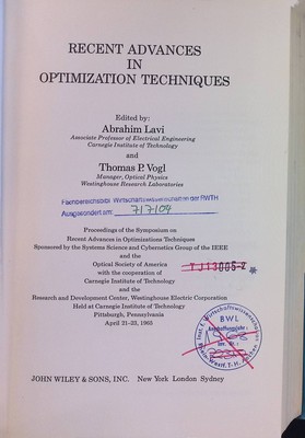 Recent Advances in Optimization Techniques Lavi, Abrahim and Thomas P. Vogl:
