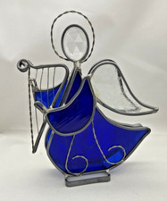 Stained Glass Angel Figurine Cobalt Blue w/Lyre Harp 8  Sun-catcher Beautiful