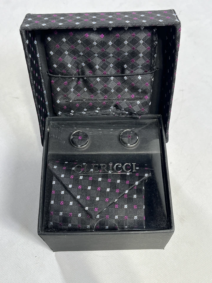 Corbata de lunares negra Clericci para hombre con cuadrado de bolsillo y gemelos a juego NUEVA Foto 2 de 3