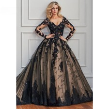 Gothic V-Neck Beaded Black Long Sleeves Wedding Dresses Appliques Bridal Gowns