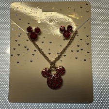 Mickey Earring Studs With Matching Necklace Red Stones