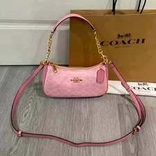Coach Teri Signature Canvas Shoulder Bag Brass/Power Pink CV933 NWT