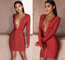 NWT HOUSE OF CB VALERIA Burnt Orange Deep V-Neckline Bandage Mini Dress. Size M