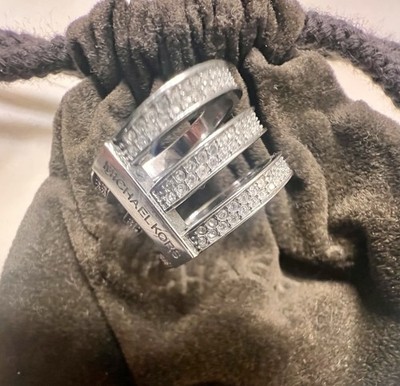 Michael Kors Triple Band Pave Rhinestone Silver Tone Ring Size 8