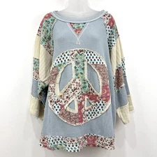 POL Patchwork Peace Sign Thermal Knit Top Womens M Hippie Flower Power Oversized