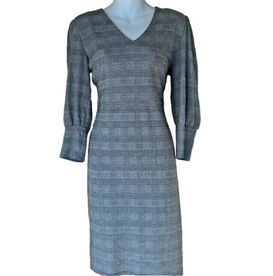 MANGO Basics Women's Size M Grey Black Check Plaid V-Neck Knee Length Dress