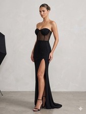Women’s M Sheer Black Split Prom Formal wedding Gown Convertible Strap Strapless
