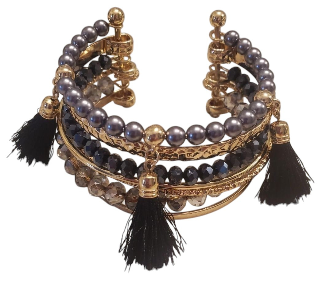 Beaded multiple layered bangle cuff bracelet gold… - image 2