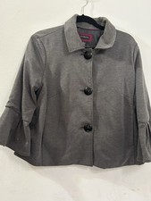 Gray Tweed Cropped Jacket Featuring Large Black Buttons And Flared Ruffled Three